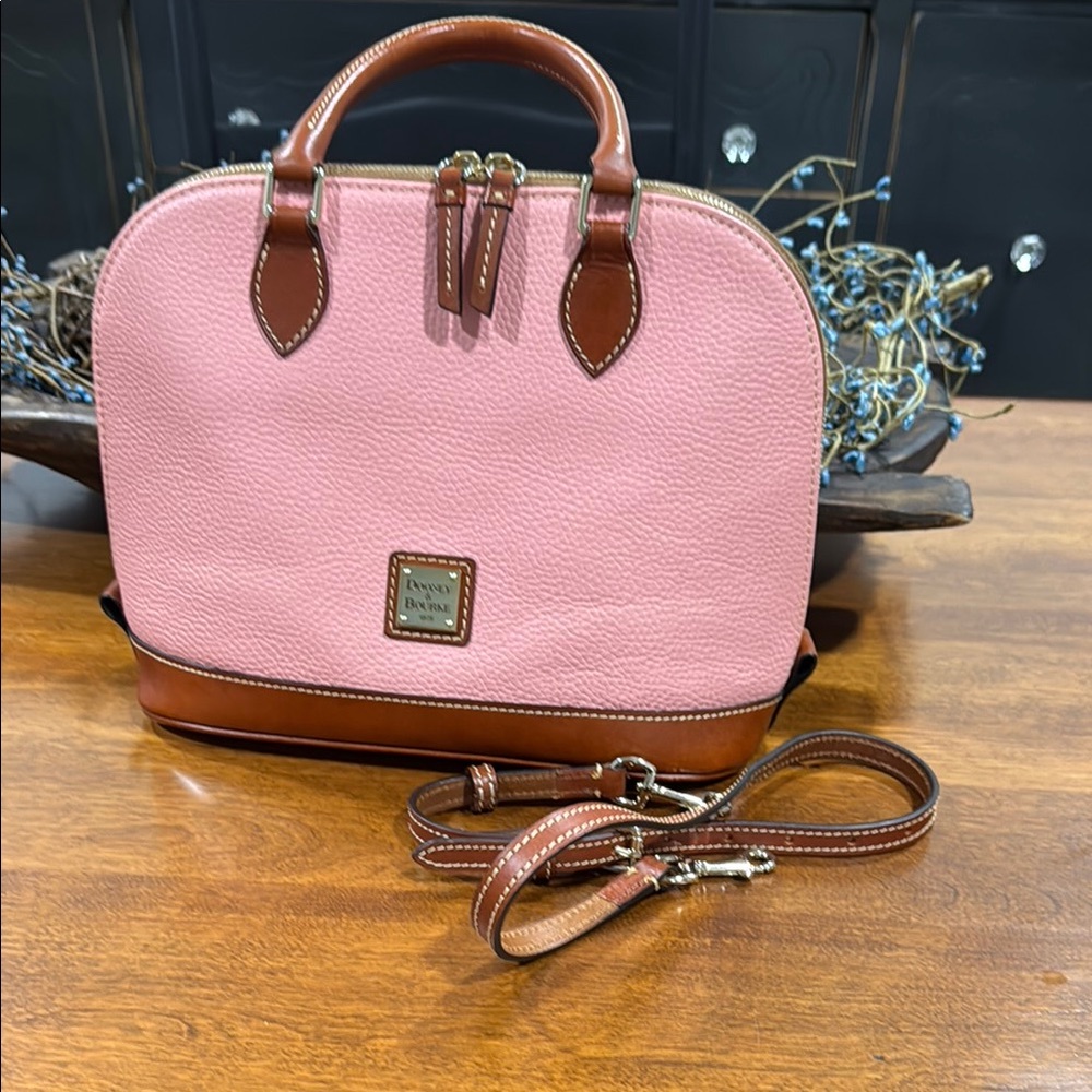 Dooney & Bourke Pink and Brown AWL Zip Zip Satchel with Gold Hardware